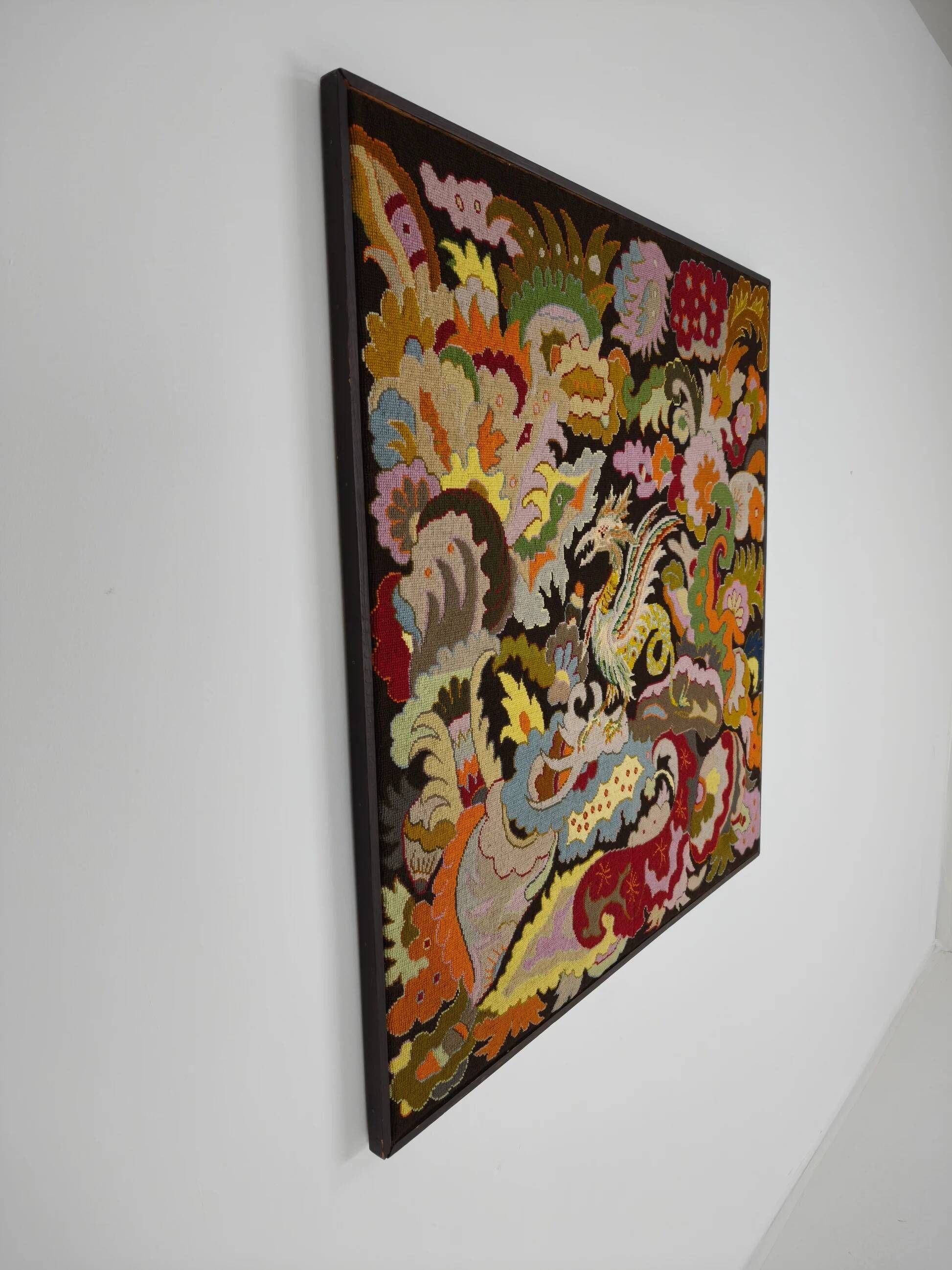 Original French hand-embroidered textile – Griffin & floral design – c.1930–1940