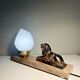 Art Deco lamp with marble, opaline globe & lion sculpture in spelter