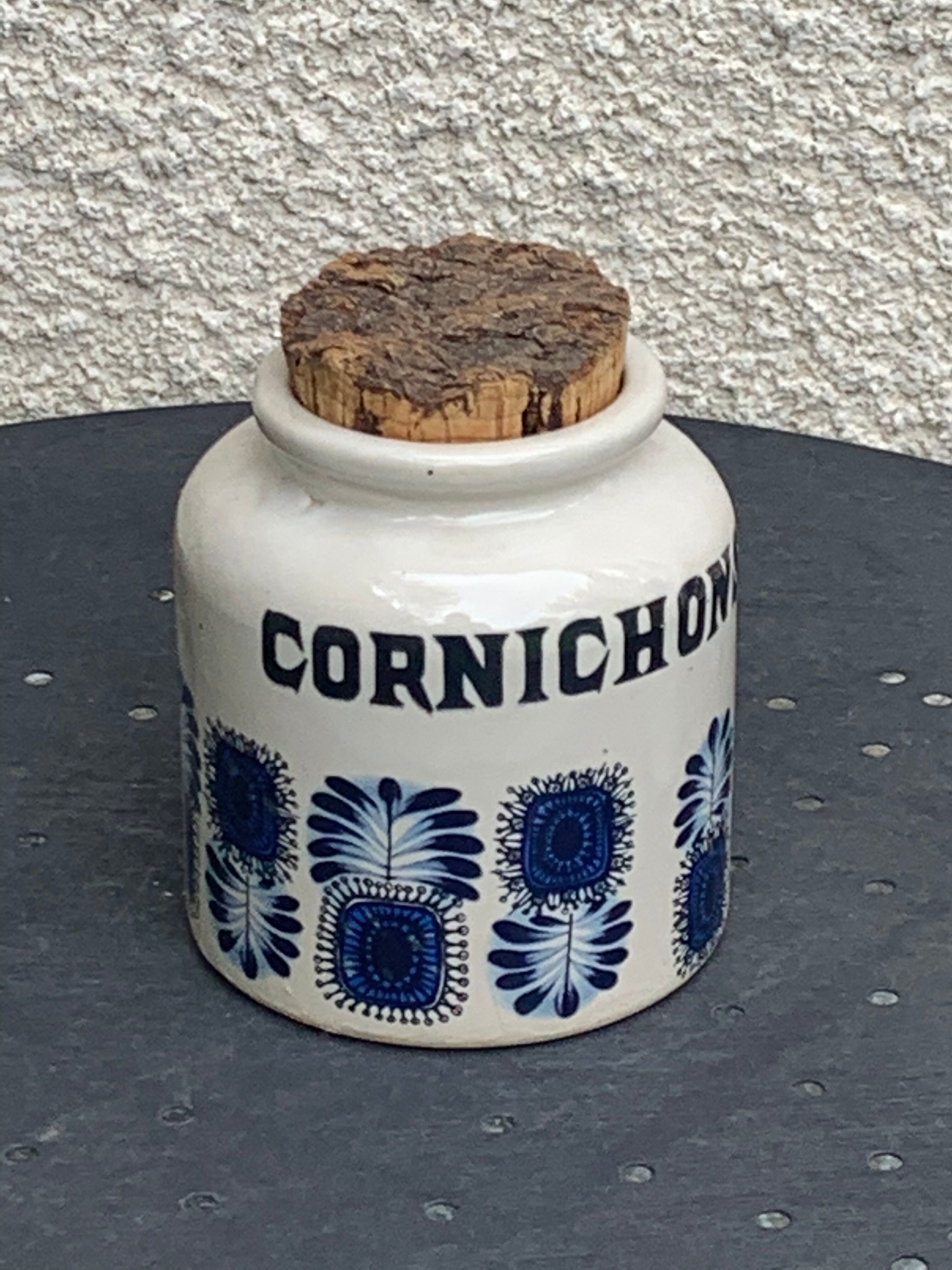 Grey sandstone pot with blue patterns and vintage liege cork 1970