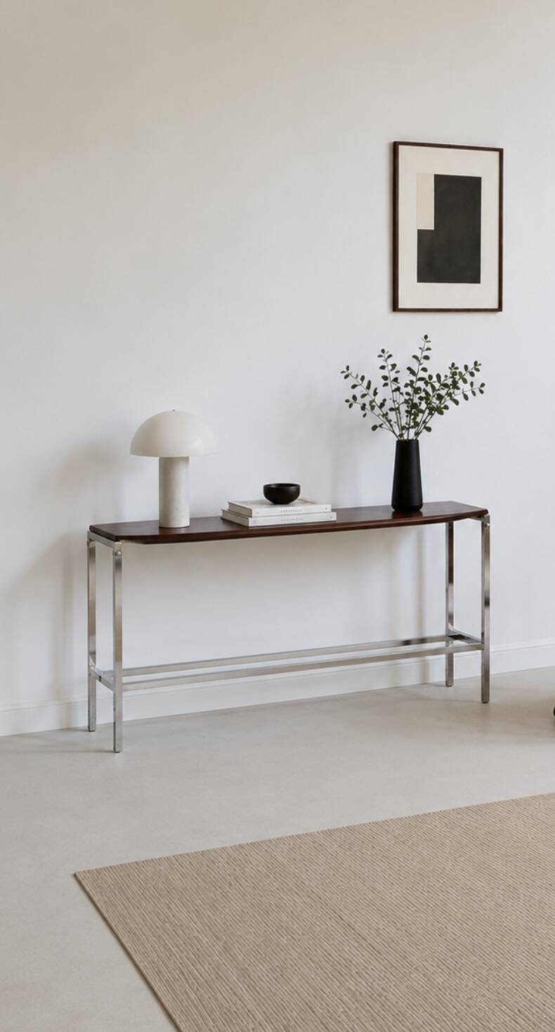 Curved base console in Scandinavian design – mahogany and chrome