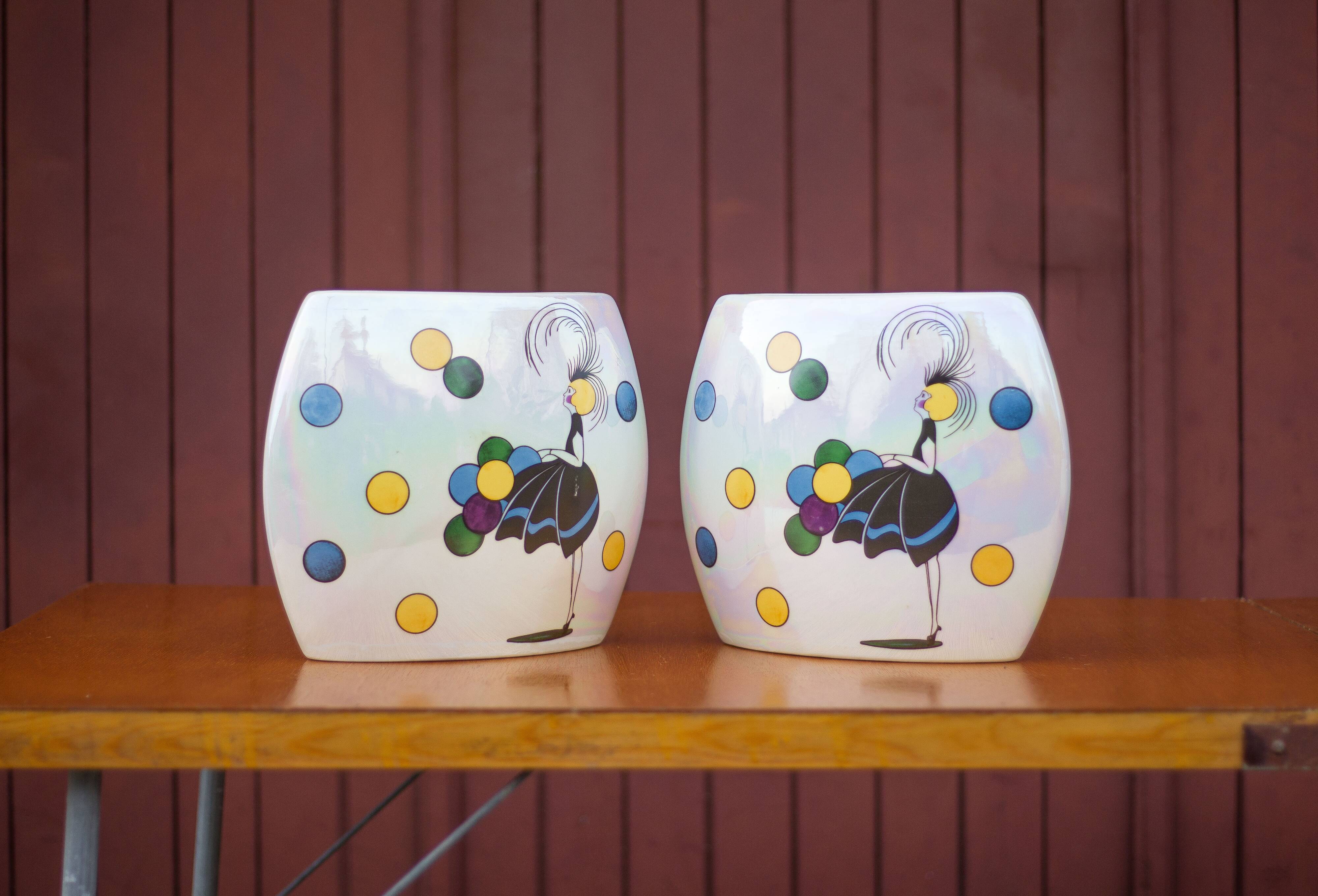 Pair of flat iridescent ceramic vase with girl motif with polychrome balloons, art deco vase, decoration