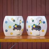 Pair of flat iridescent ceramic vase with girl motif with polychrome balloons, art deco vase, decoration