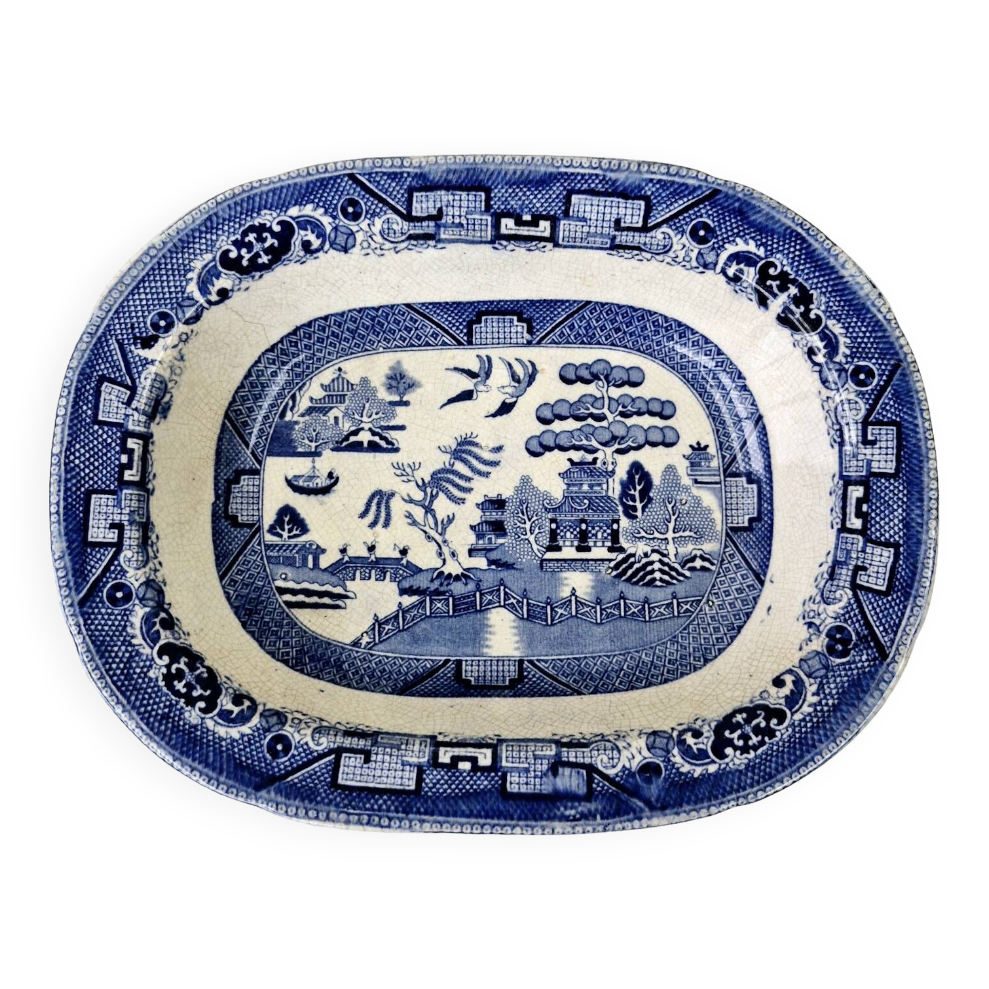 Old Rectangular Hollow Dish In English Earthenware 19th Chinese Decor Blue Willow