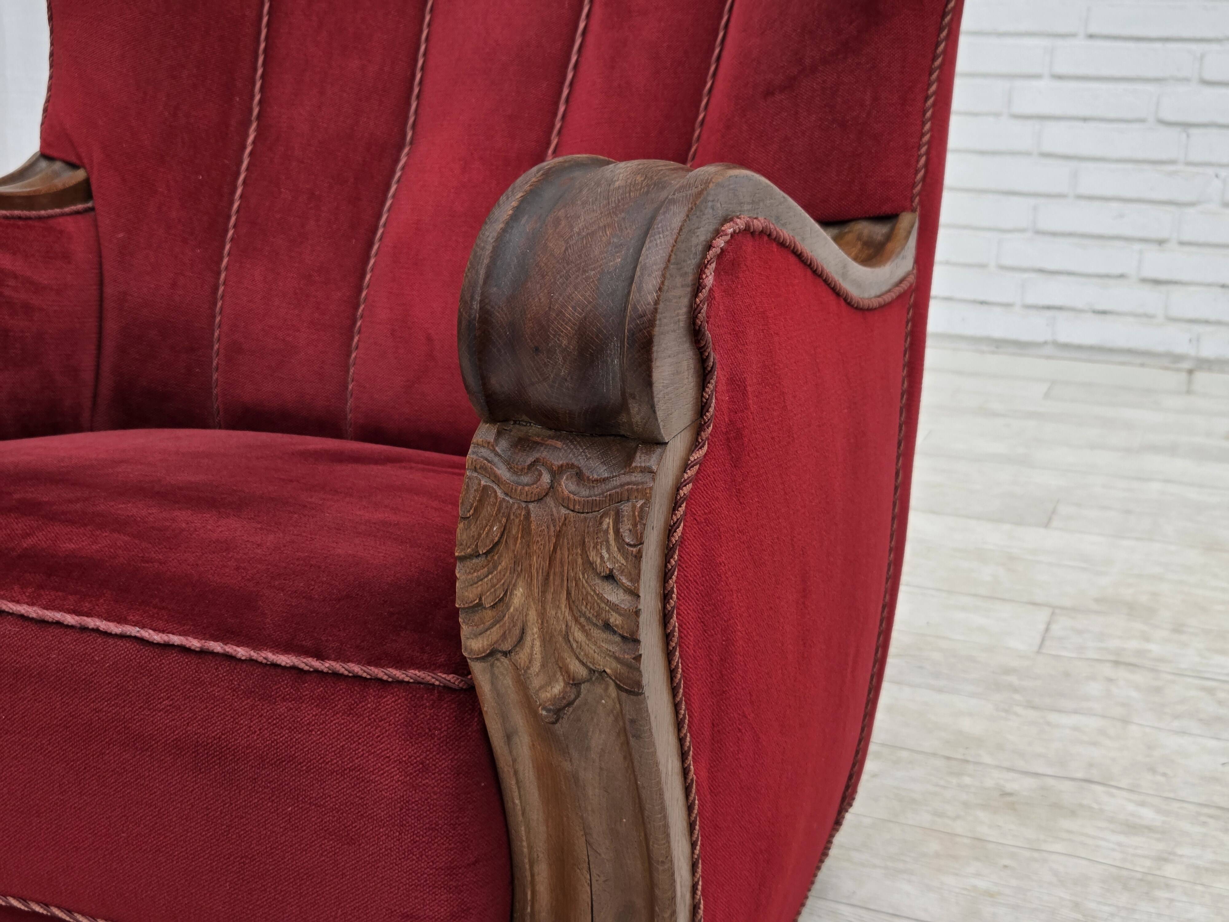 1950s, Danish relax armchair, furniture velour, carved oak wood.