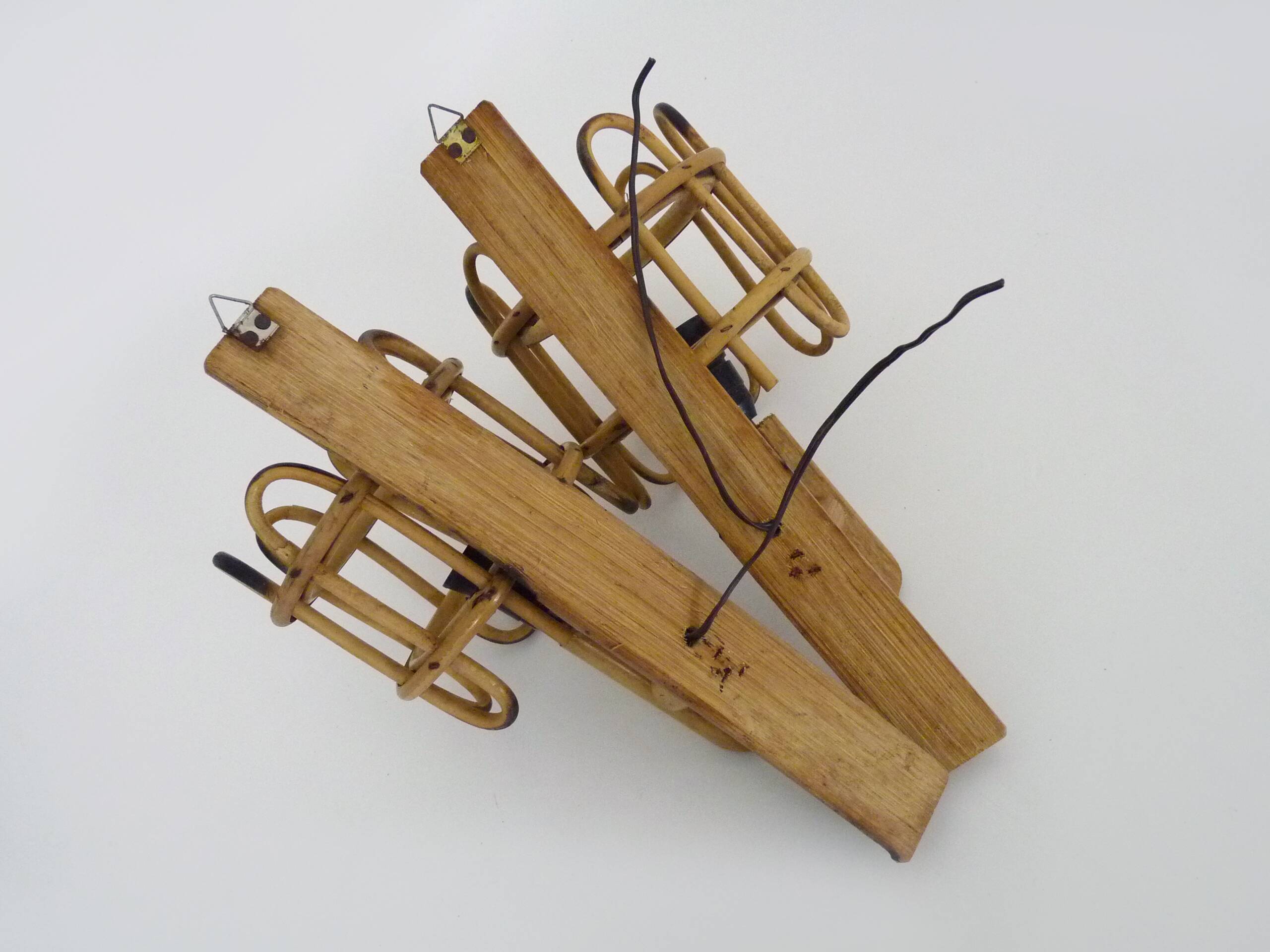 Pair of rattan bamboo lantern wall lights. 1950s-1960s