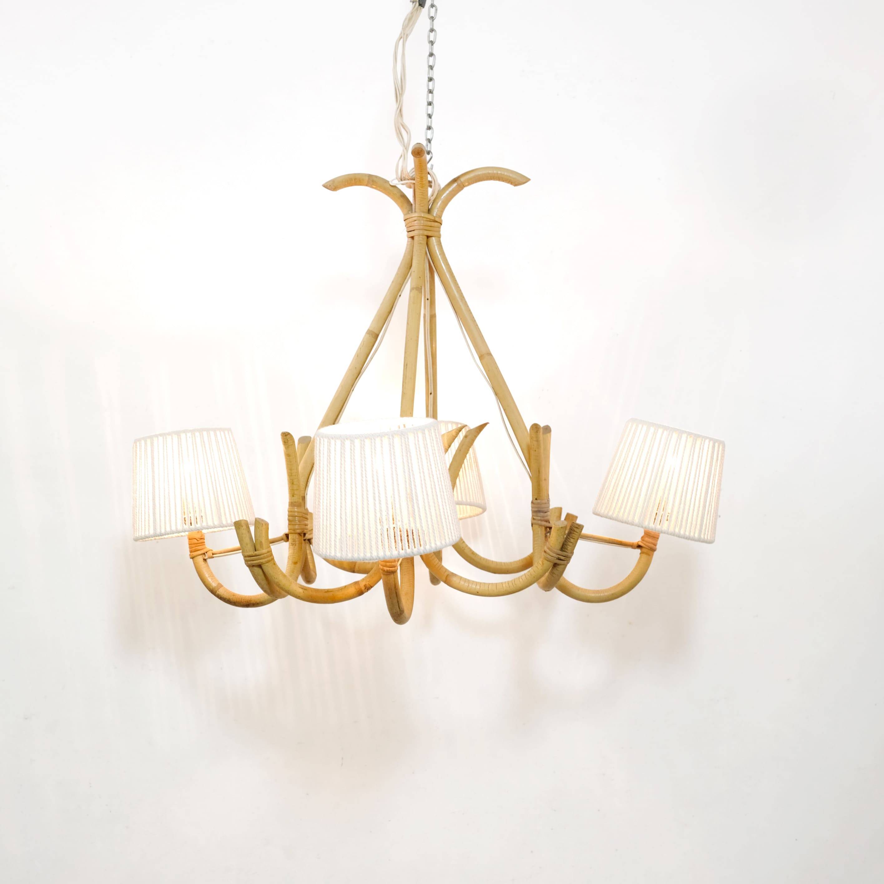 4-light rattan and rope pendant light, 1960-1970.