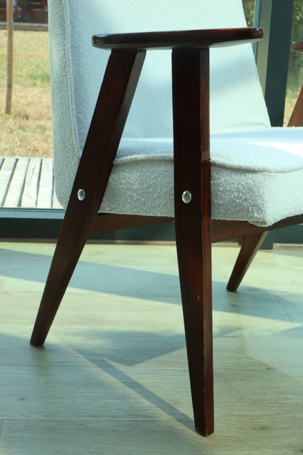 Scandinavian armchair snow white boucle dark walnut wood colour design by Chierowski 366 model