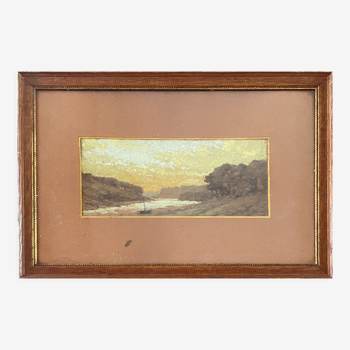 Tableau pastel "Vallée du Cer" paysage signé H. Gallert 1917 et cadre