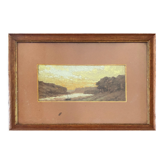 Pastel painting "Vallée du Cer?" landscape signed H. Gallert 1917 and frame