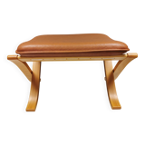 Folding Stool, in light beech wood with cognac colored leather cushion.