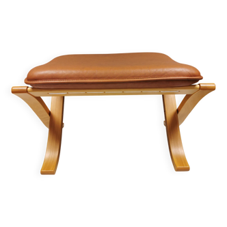 Folding Stool, in light beech wood with cognac colored leather cushion.