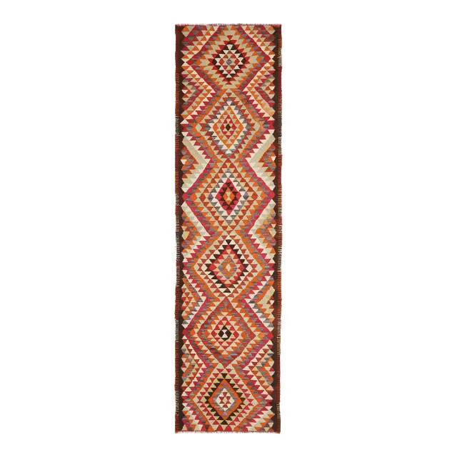 1970s Vintage Turkish Hand-Knotted Wool Cotton Orange Runner Rug 85x330