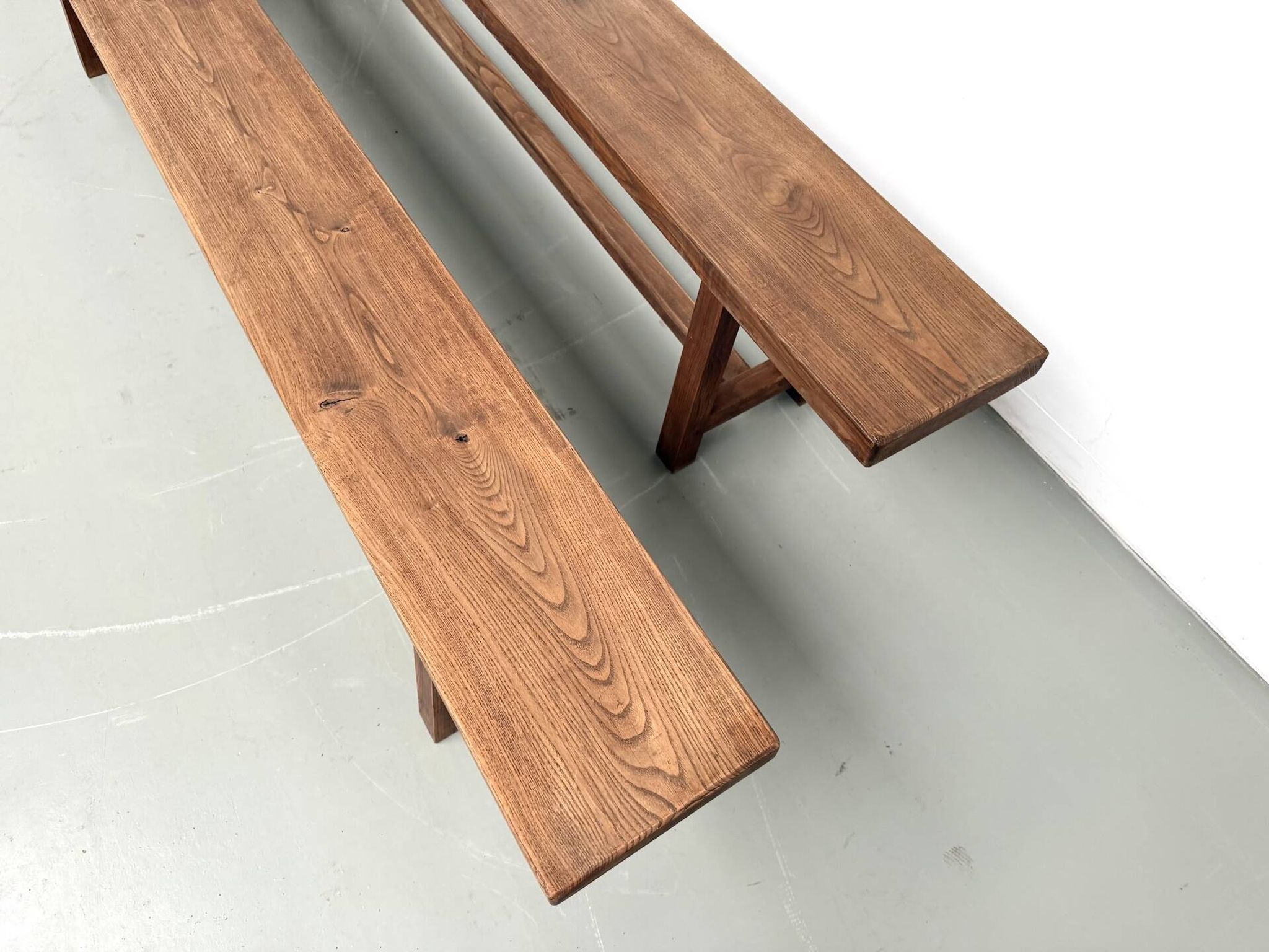 Pair of XL size benches in solid oak, 1950s.