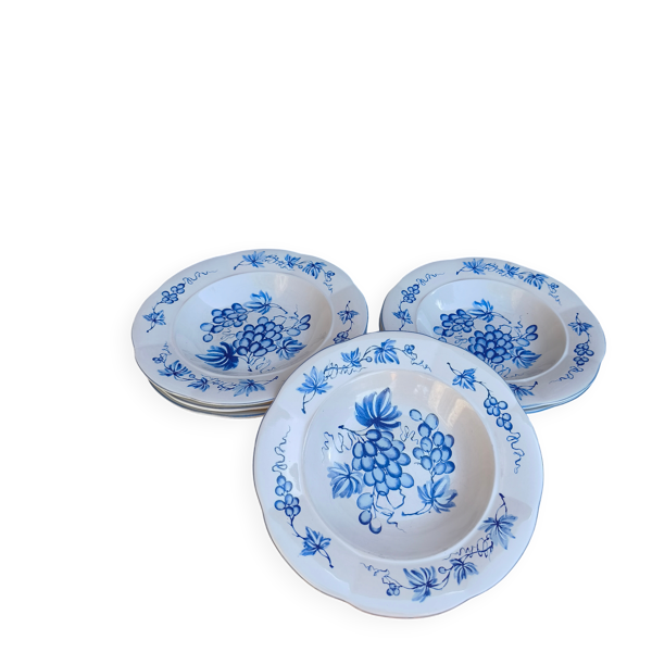 Lot de 6 assiettes creuses Crown Dinasty - décor grappes de raisins bleues