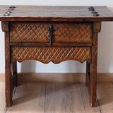 Mid-Century Coffee Table Carved Drawer, Rustic Nailhead Details