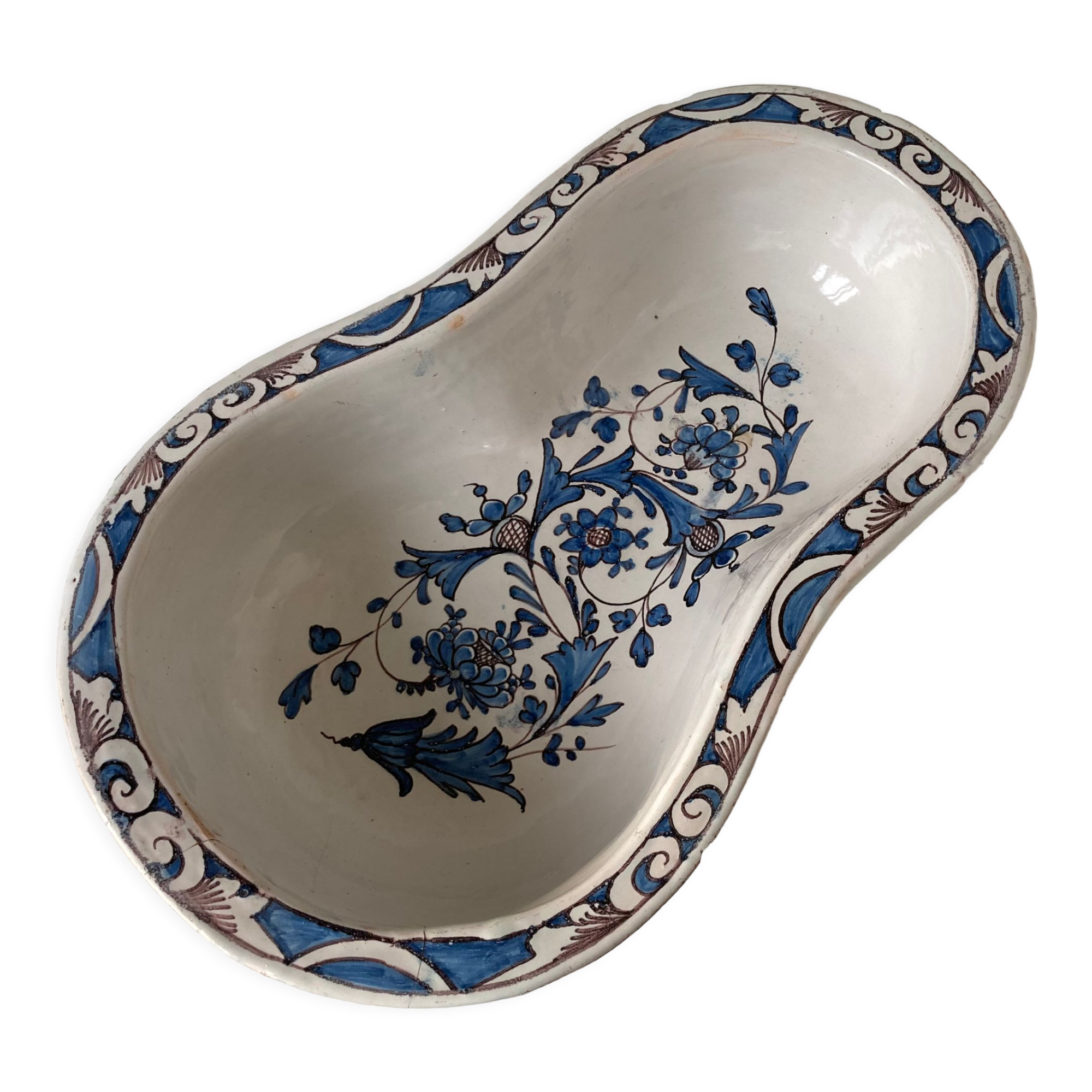 Large fruit cup in Rouen earthenware with blue and brown floral decoration p