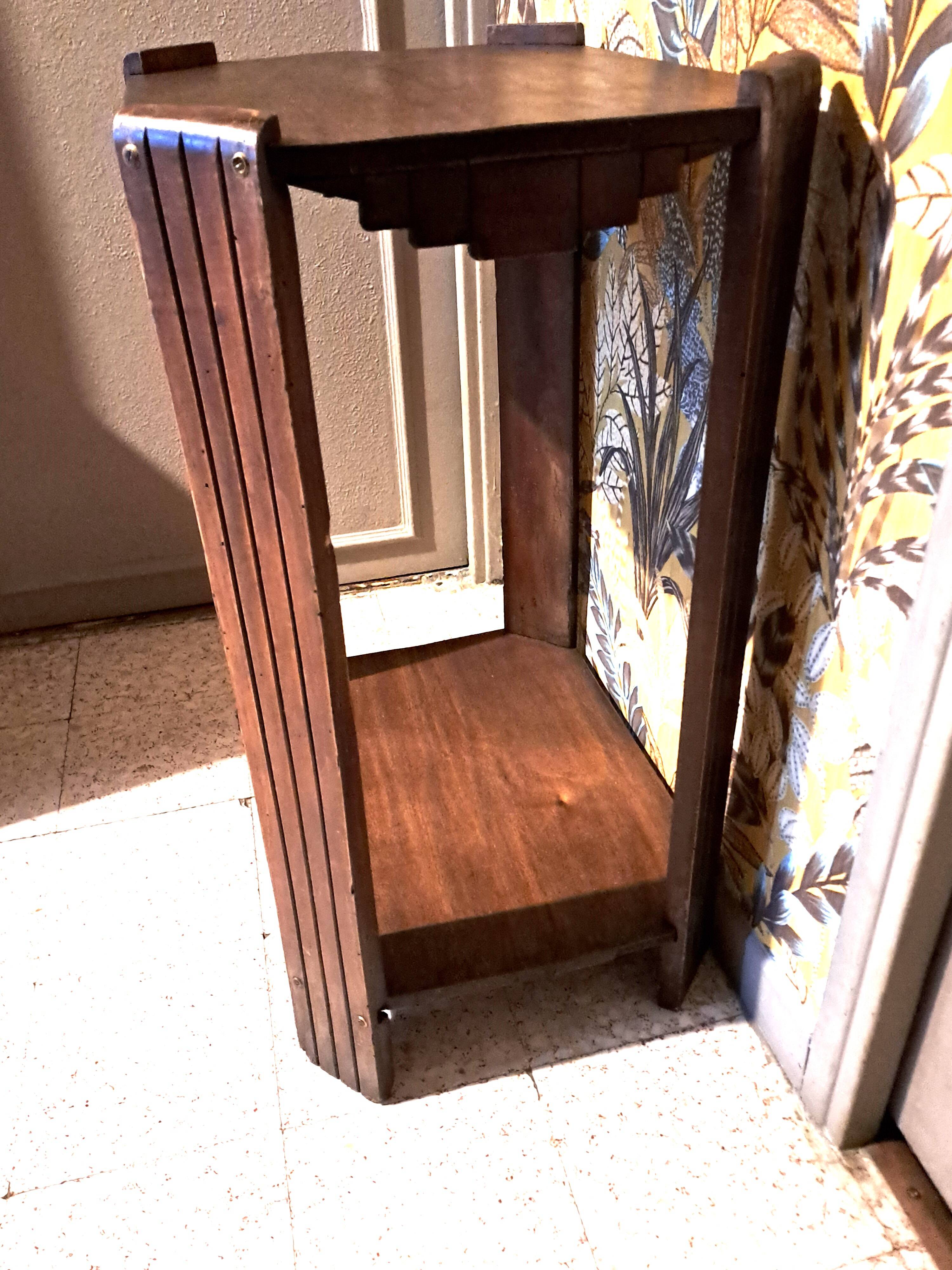 Art Deco side table in rectangular varnished brown wood with 2 shelves 1940