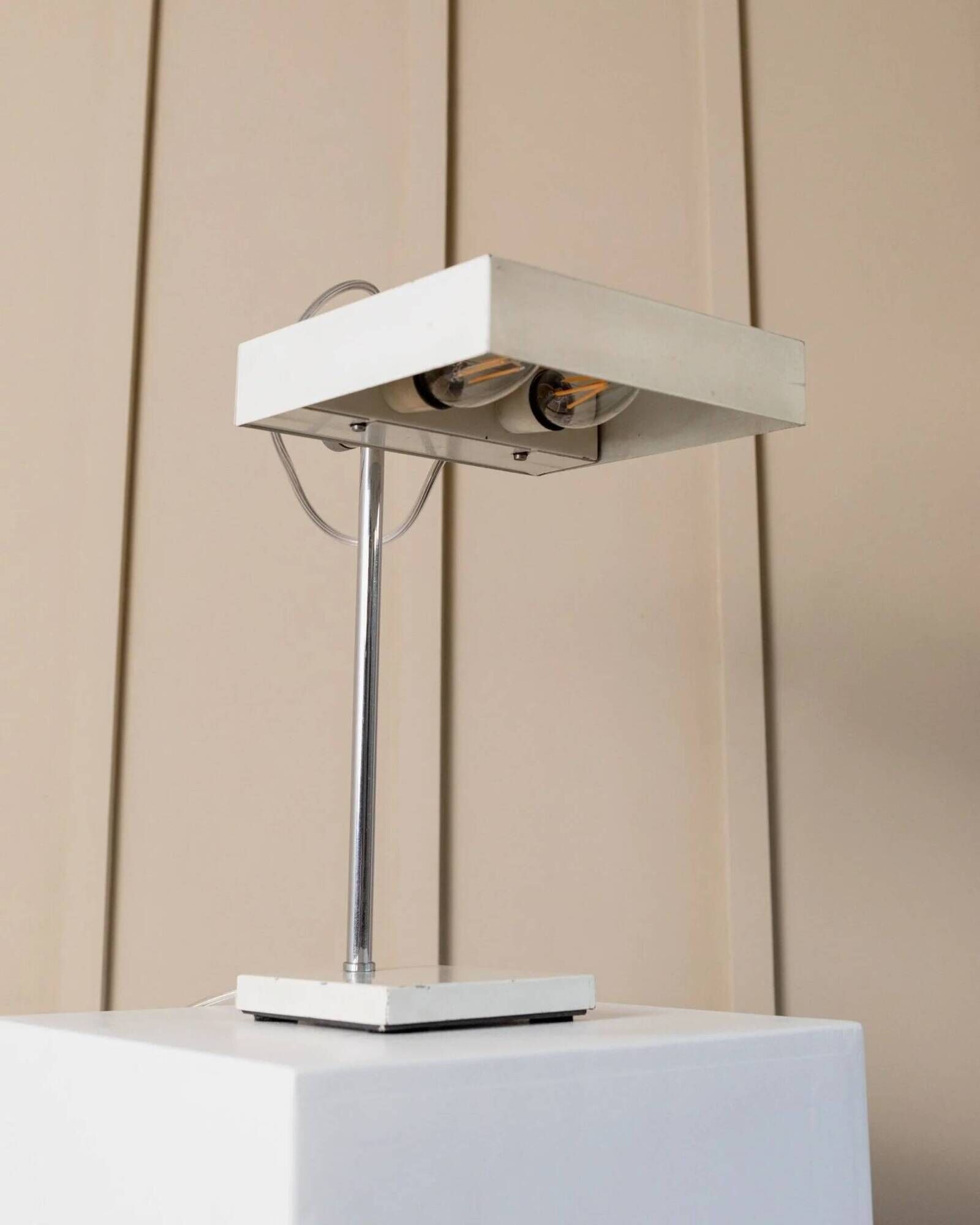 Kaiser Leuchten Table Lamp by Klaus Hempel - white enamelled steel with chrome stem, adjustable mid-century 1960s