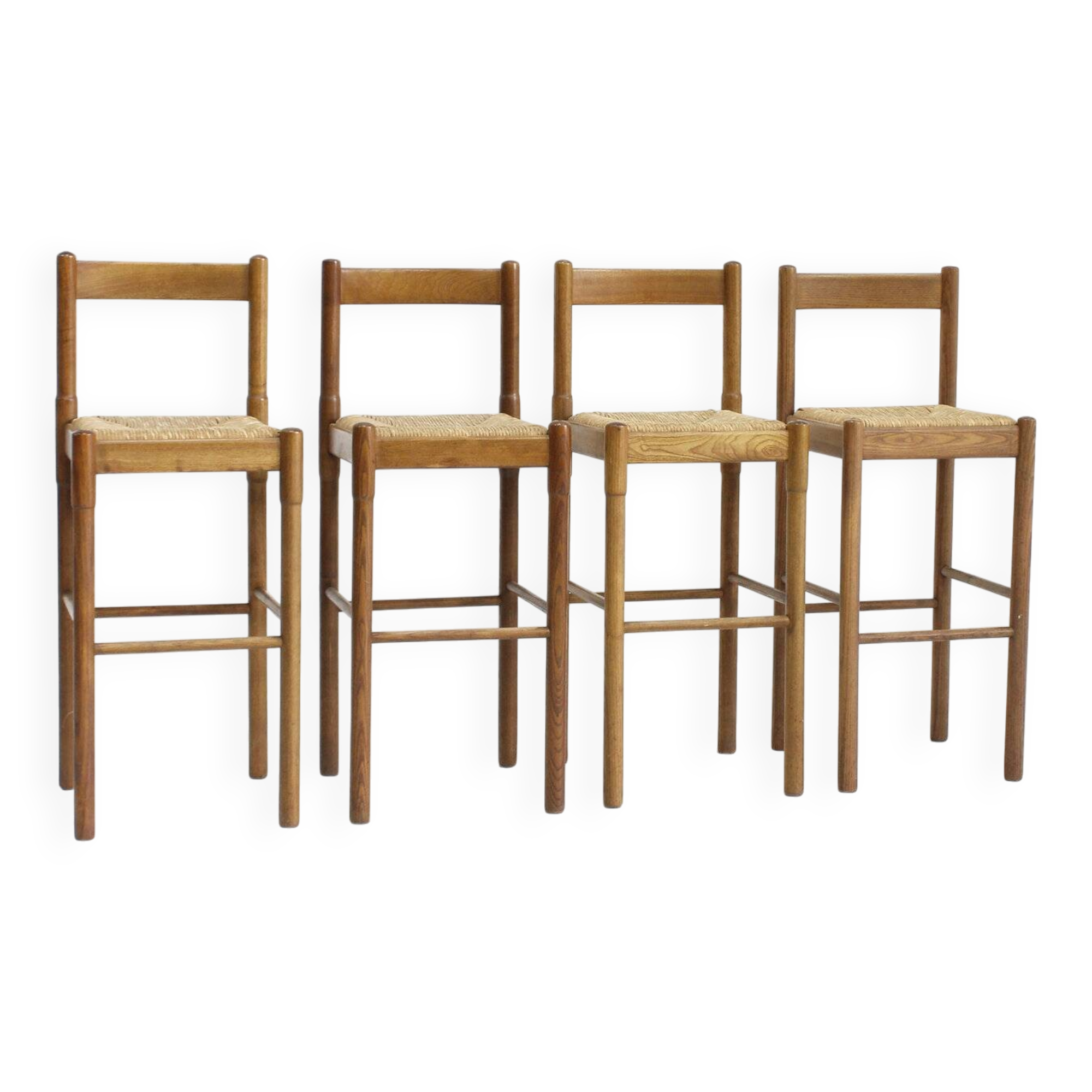 Ensemble de tabourets de bar vintage Vico Magistretti en frêne et paille, Italie