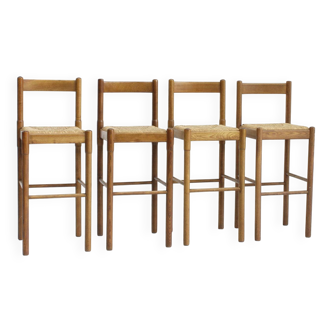 Ensemble de tabourets de bar vintage Vico Magistretti en frêne et paille, Italie