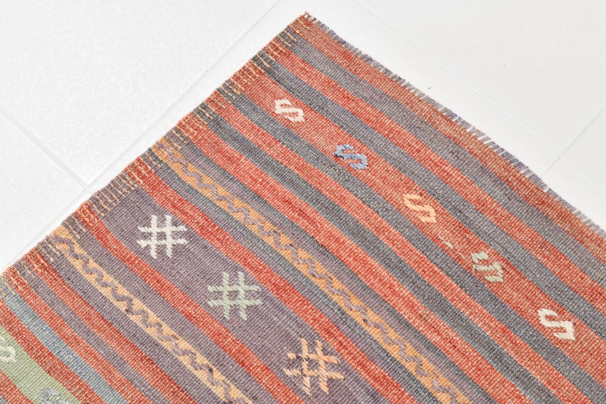 Red & Blue Pinstriped Pattern Vintage Kilim Rug, 156x221Cm