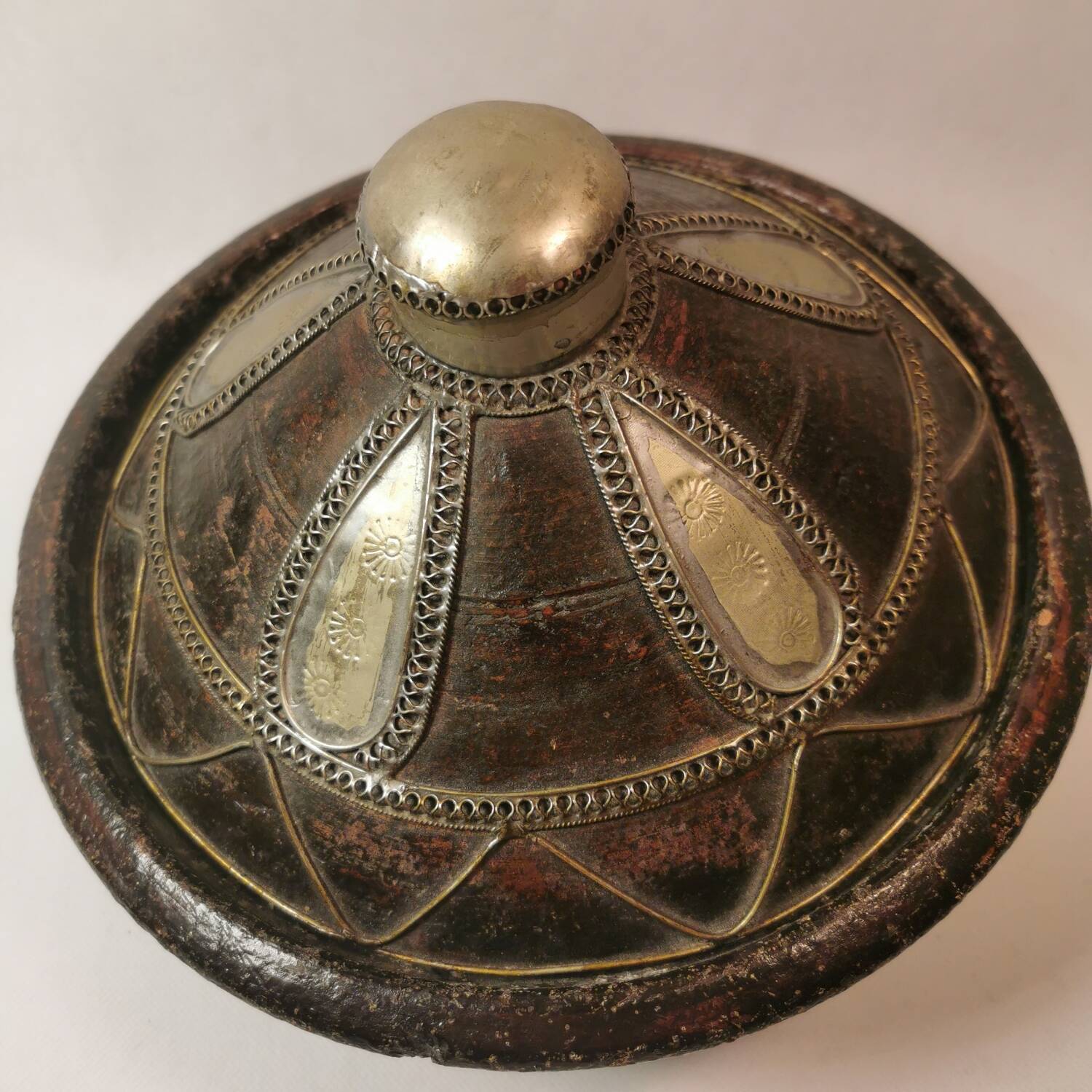 ancient tagine couscous dish hand made clay pottery silver inlays