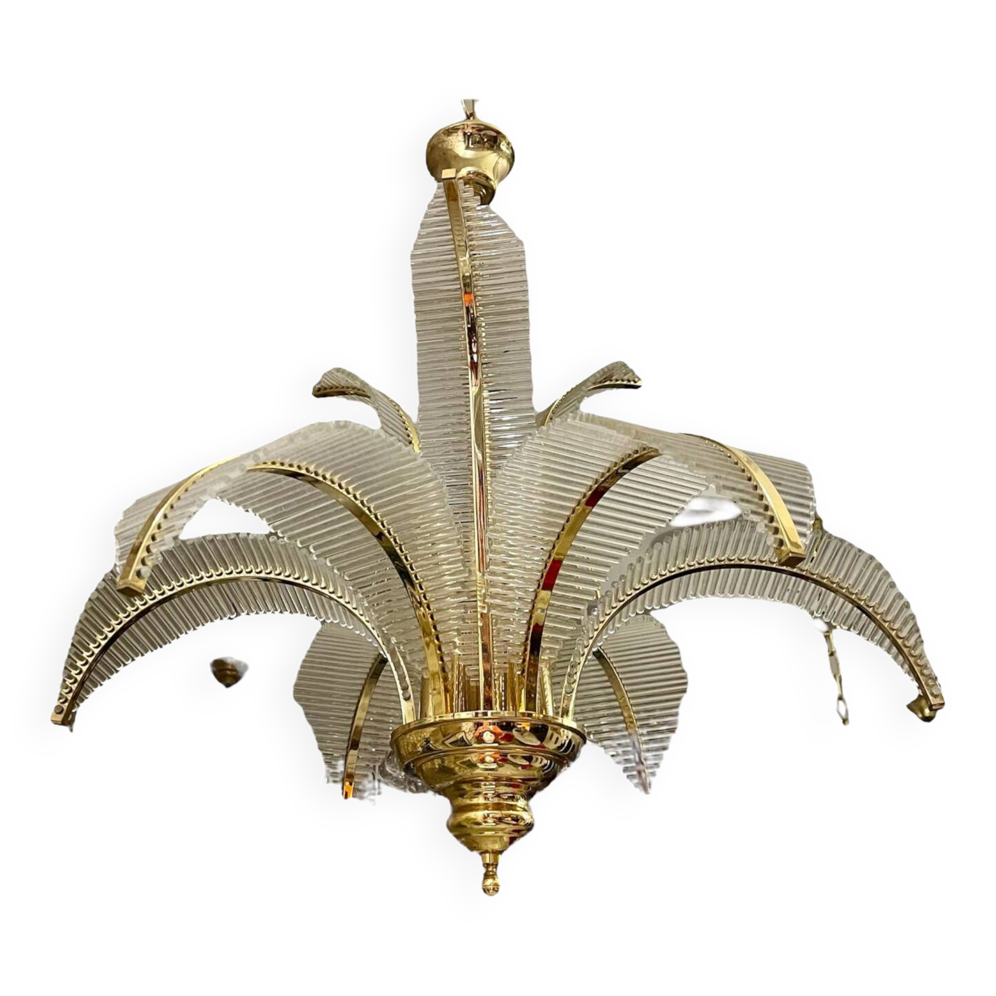 Venini palm chandelier in Murano glass and golden structure, Italy 1980s