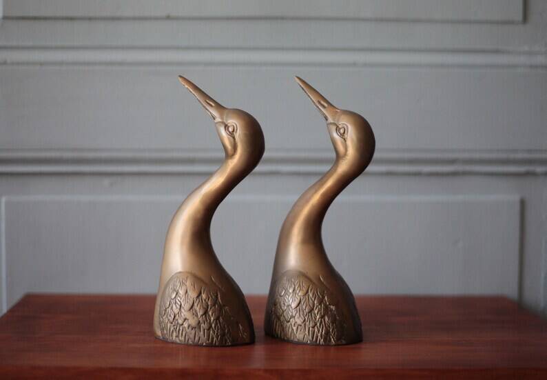 Vintage bookends, animal bookends, heron head, bird, brass sculpture, interior decor.