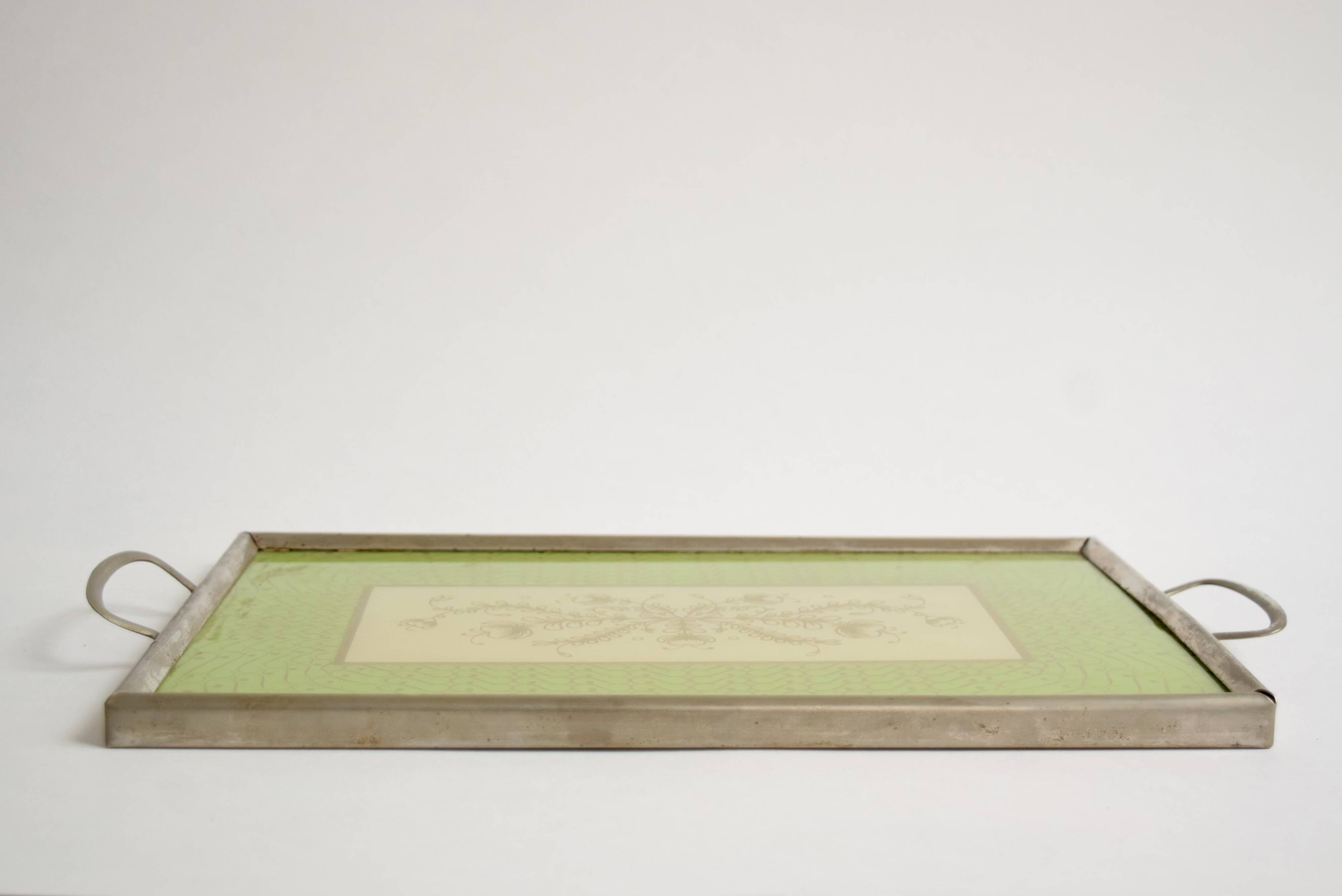 Old glass and metal serving tray - hand-painted floral decoration