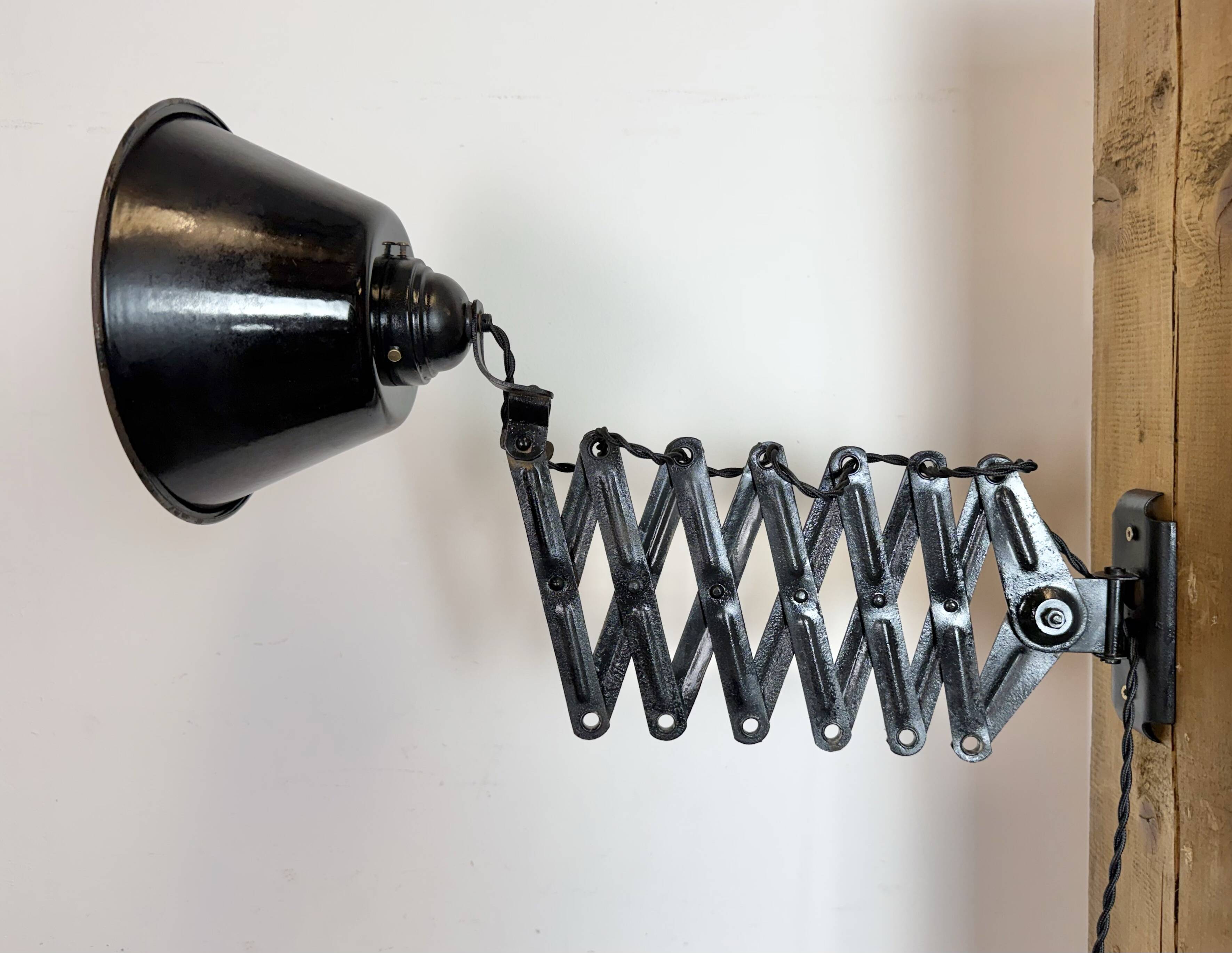 Industrial Black Enamel Scissor Wall Lamp, 1930s