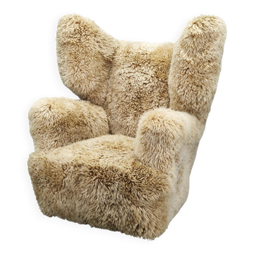 Fauteuil à oreilles Art Déco des années 1930 en peau de mouton Skandilock miel