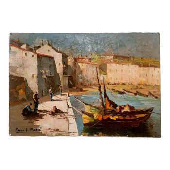 Tableau peinture huile HST signée Pierre L Marie Marine Vue sur un Port Sud de la France 1900