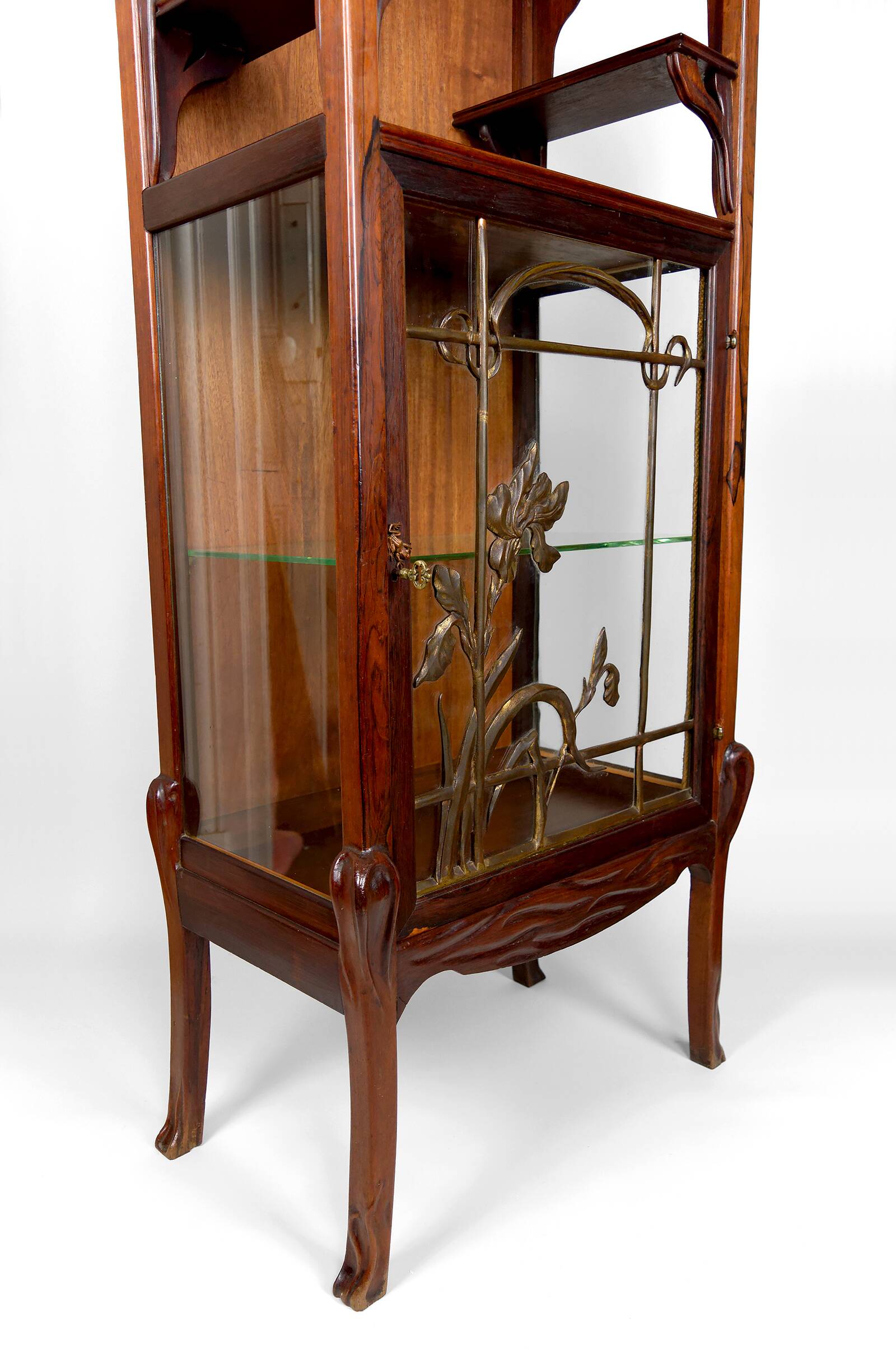 Art Nouveau Display Case, Bronzes and Carved Wood on a Lake Theme, 1900