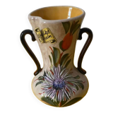 Handmade art enamel vase with original label. Signed Tess.