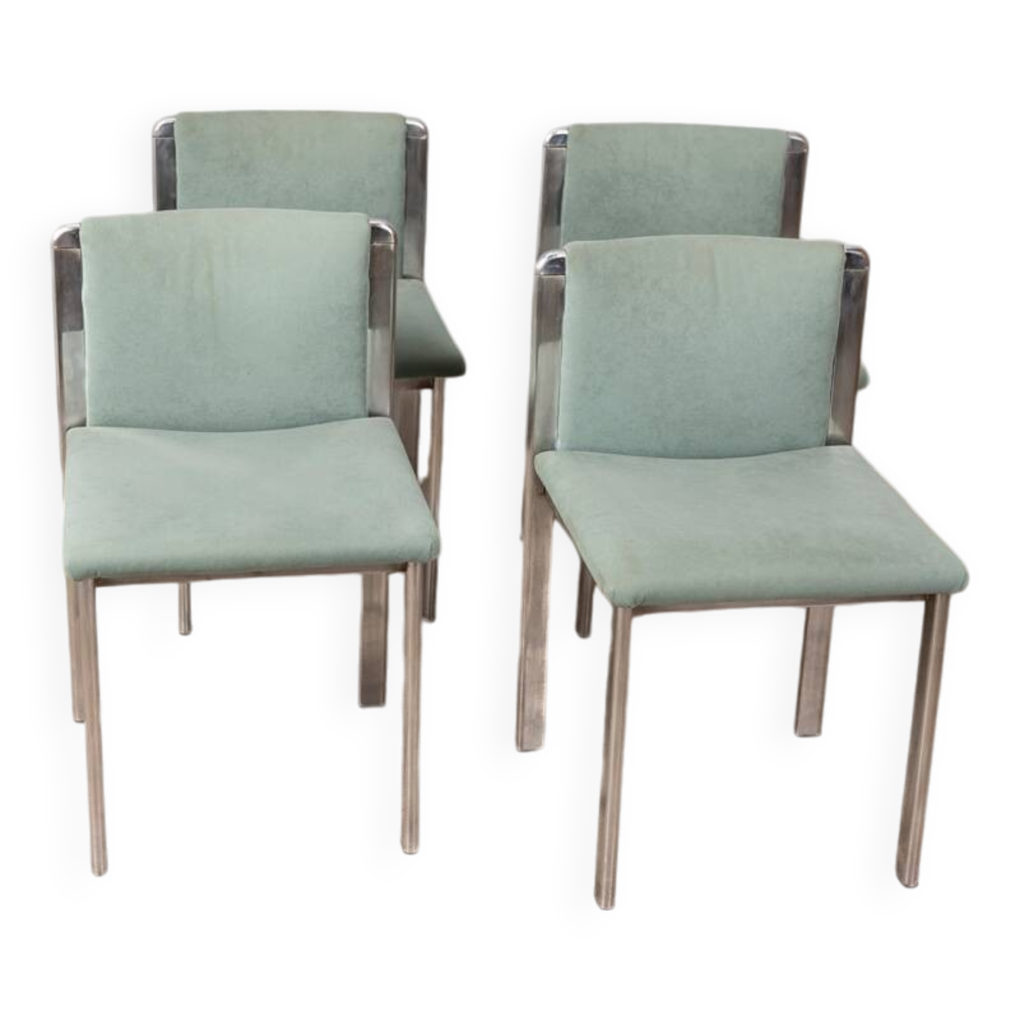 Lot de 4 chaises vintage 70's en metal et tissu turquoise design italien