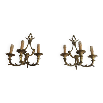 Pair of Louis XV style bronze wall sconces with 3 lights