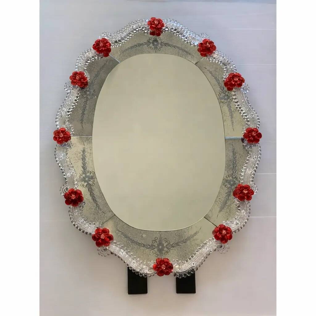 Venetian Murano Glass Oval Red Floral Wall Mirror – Hand-Carved Italian Art