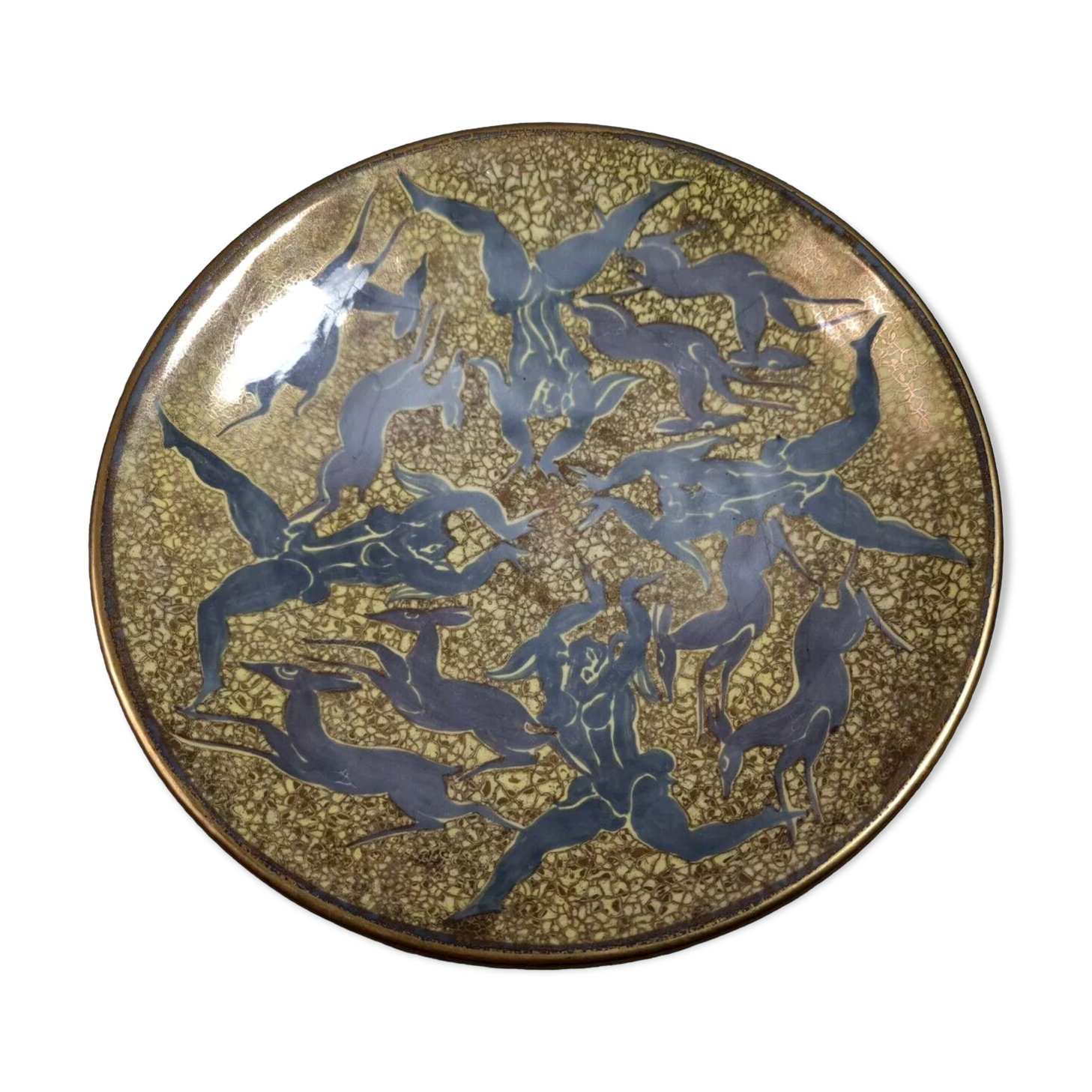 Jean Mayodon glazed ceramic cut decoration women and deer Signed SB