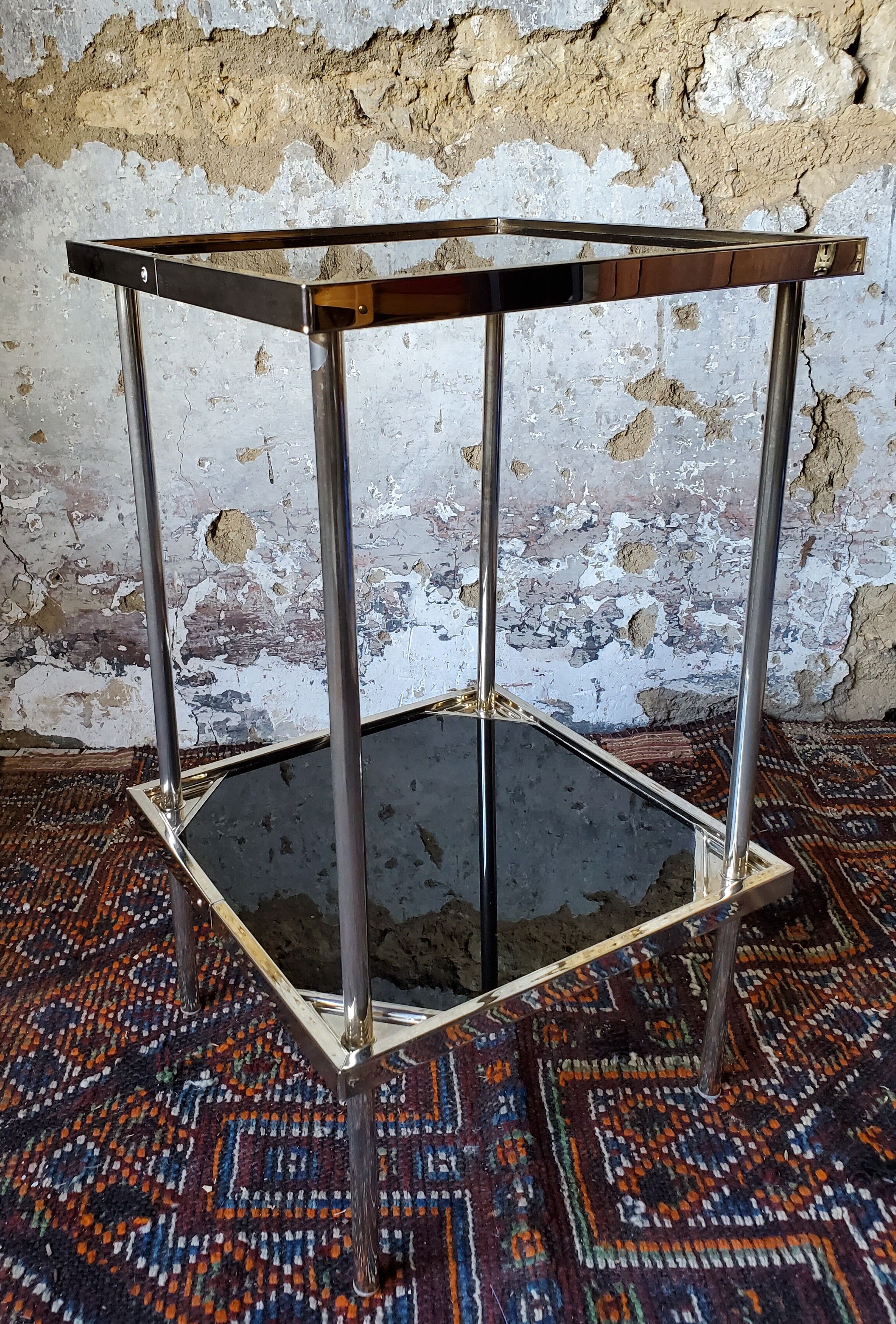 70s black glass and gold metal side table