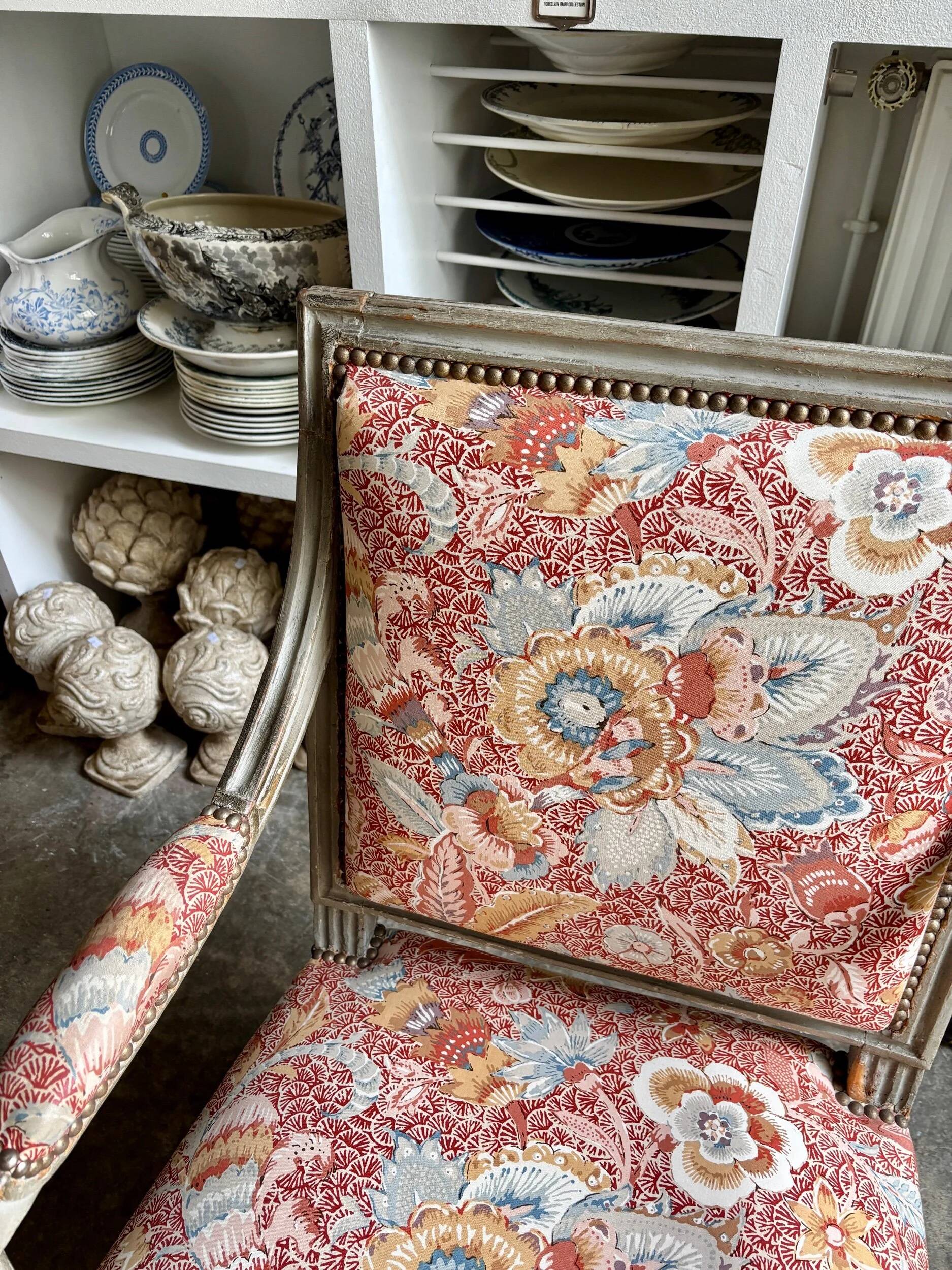 Queen's armchair from the Louis XVI period, Indian fabric.