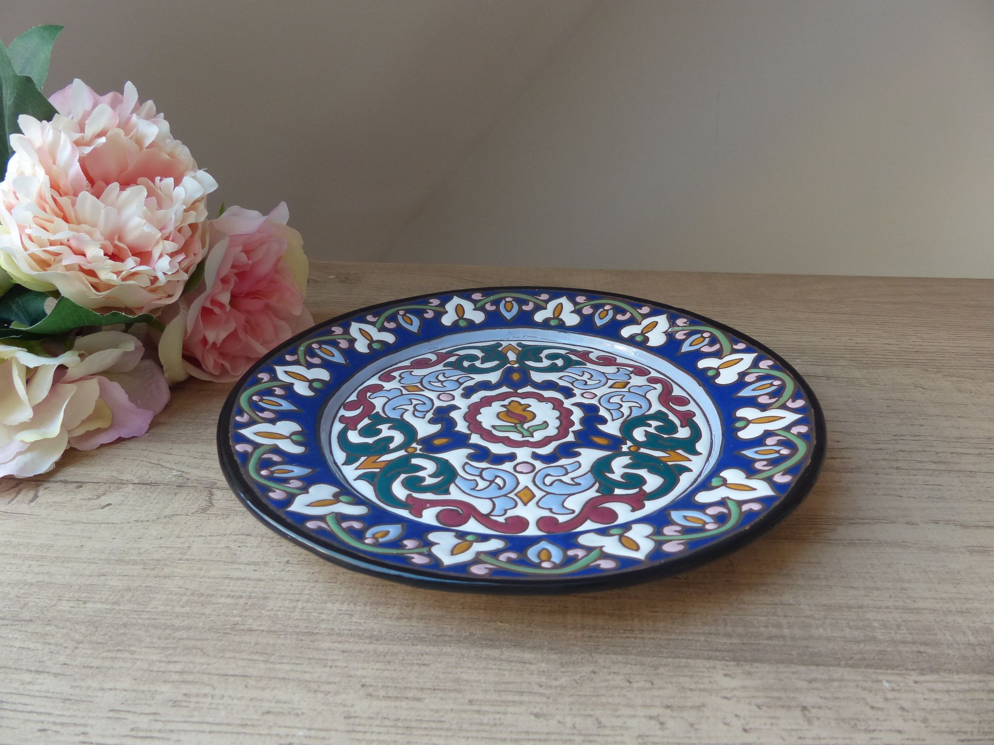 Antique faience plate with blue decoration stamped A. Alvarez, serving dish, appetizer plate.