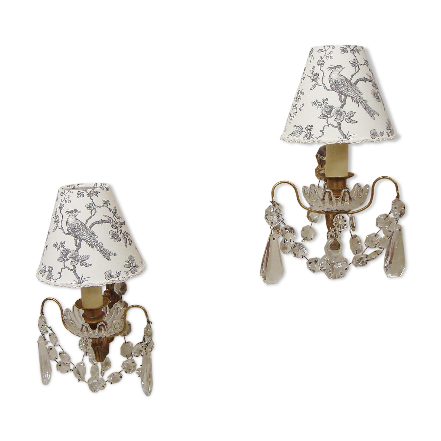 Pair of grapevine wall lamps with lampshades in Toile de Jouy