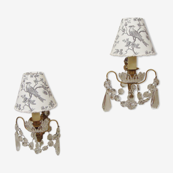 Pair of grapevine wall lamps with lampshades in Toile de Jouy