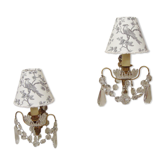 Paire d'appliques pampilles avec abat-jours en toile de Jouy