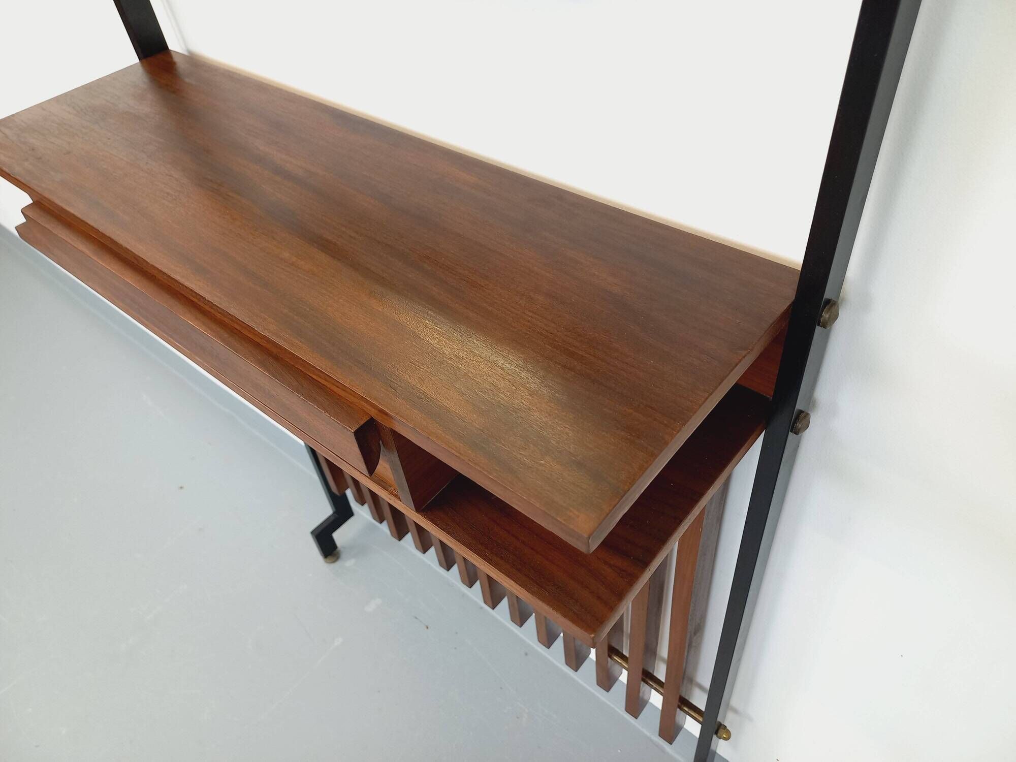Vintage Italian hall cabinet with mirror and teak shelves