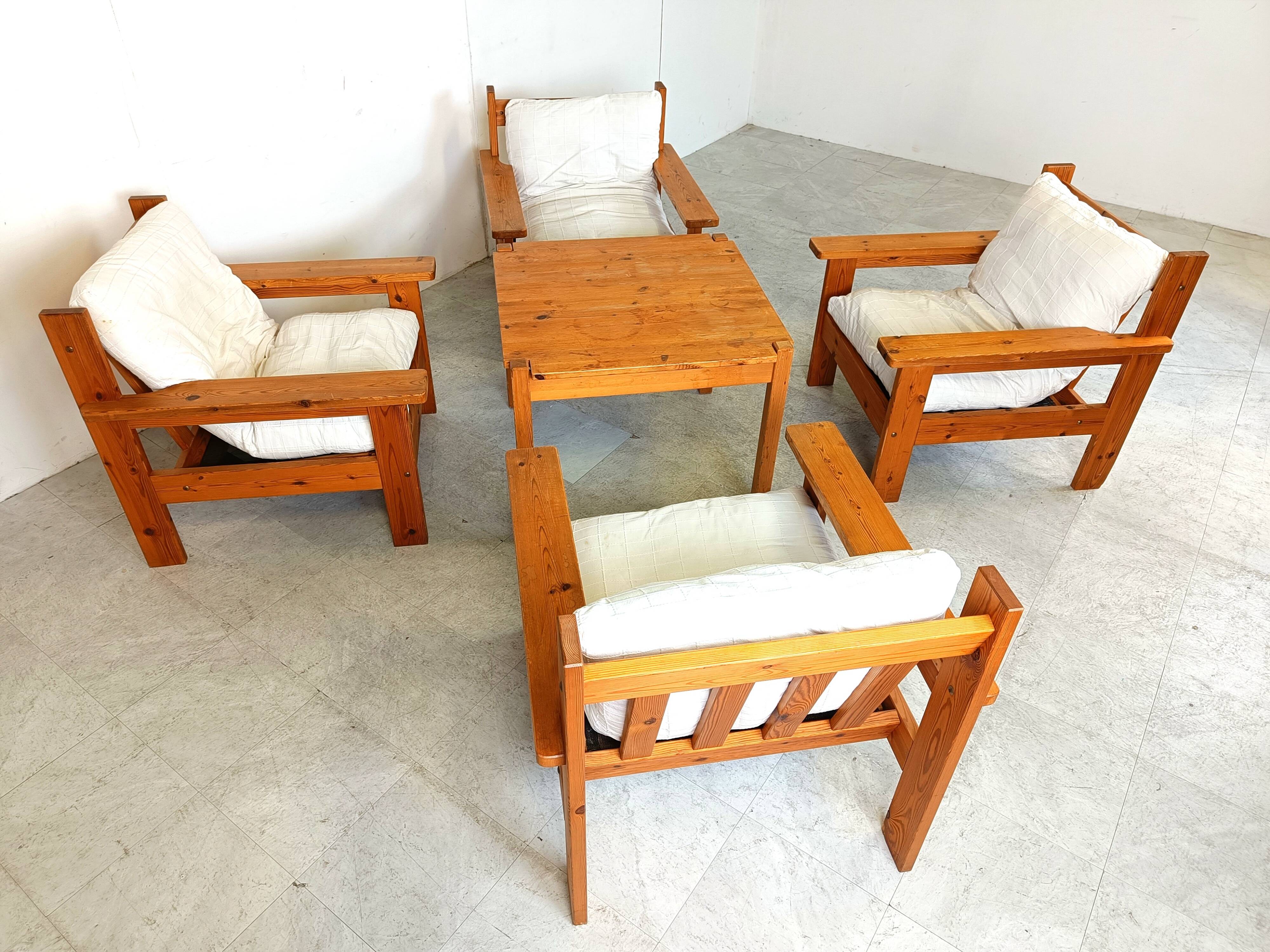 Vintage pine wood armchair set, 1980s