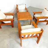 Vintage pine wood armchair set, 1980s