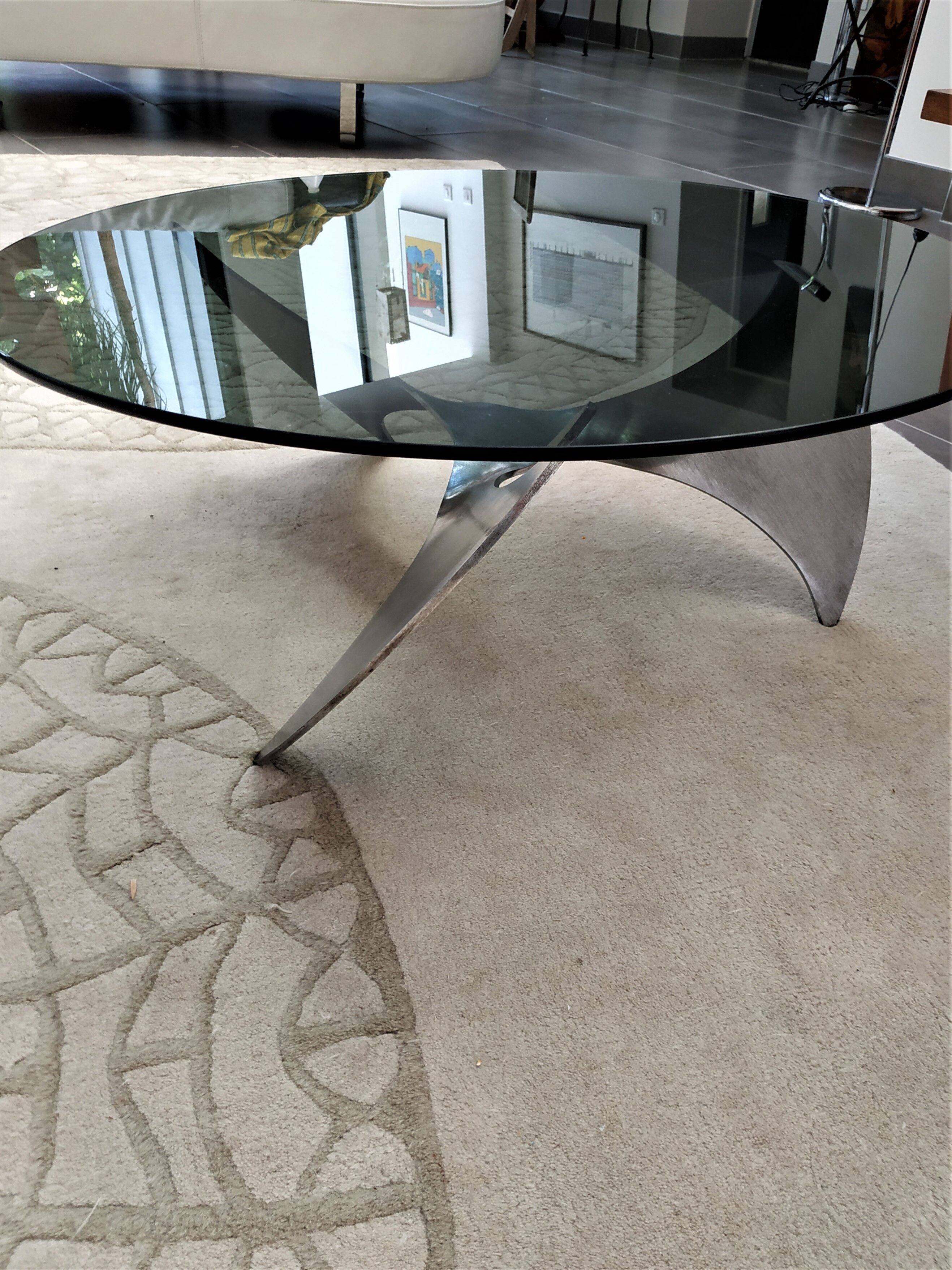 Round coffee table the Propeller (propeller) of Knut Hesterberg glass top and steel base
