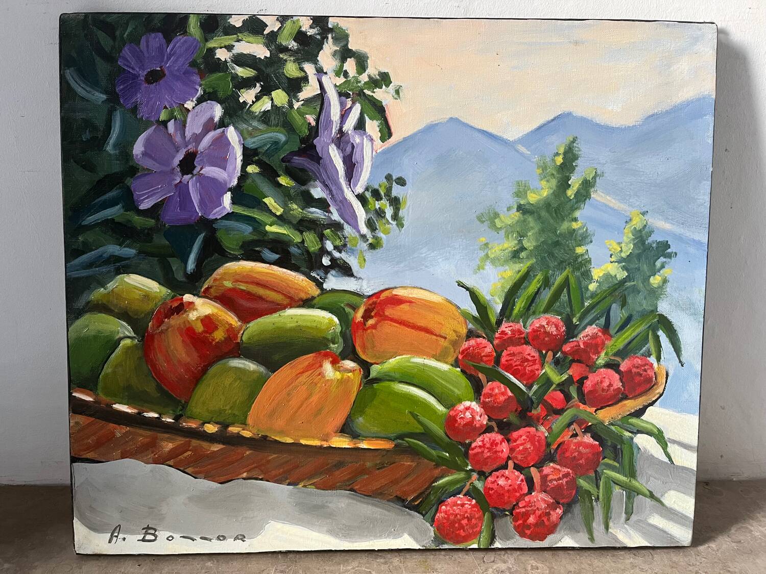 Panier de fruits exotiques, signé