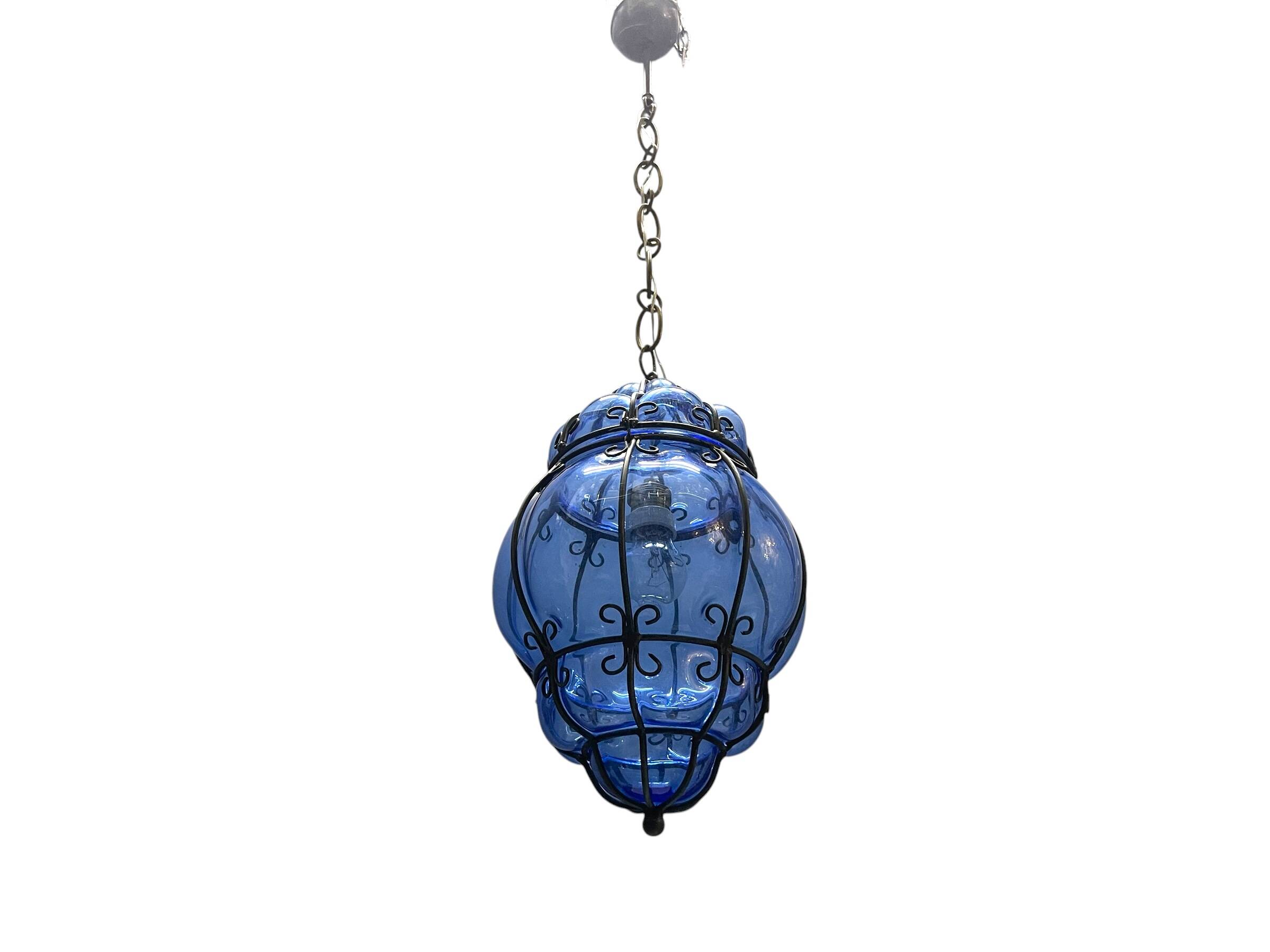 Wrought Iron Blue Murano Glass Light Pendant 1980’s